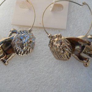 Eye Catching Lion Puzzle Gold Hoop Dangle Fashion Earrings GP